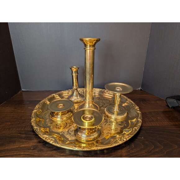 Baldwin Brass Candle Holders &Elegant Ornate Brass Tray 15" Wedding Home Décor - Picture 3 of 7